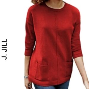 J. JILL | Cozy Christmas Red Crew Neck Oversized Longline Sweater Pockets | L